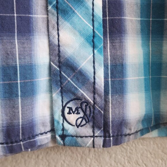 Moonshine Spirit Shirt Mens Medium Blue Plaid Short Sleeve Western Pearl Snap - Picture 4 of 11